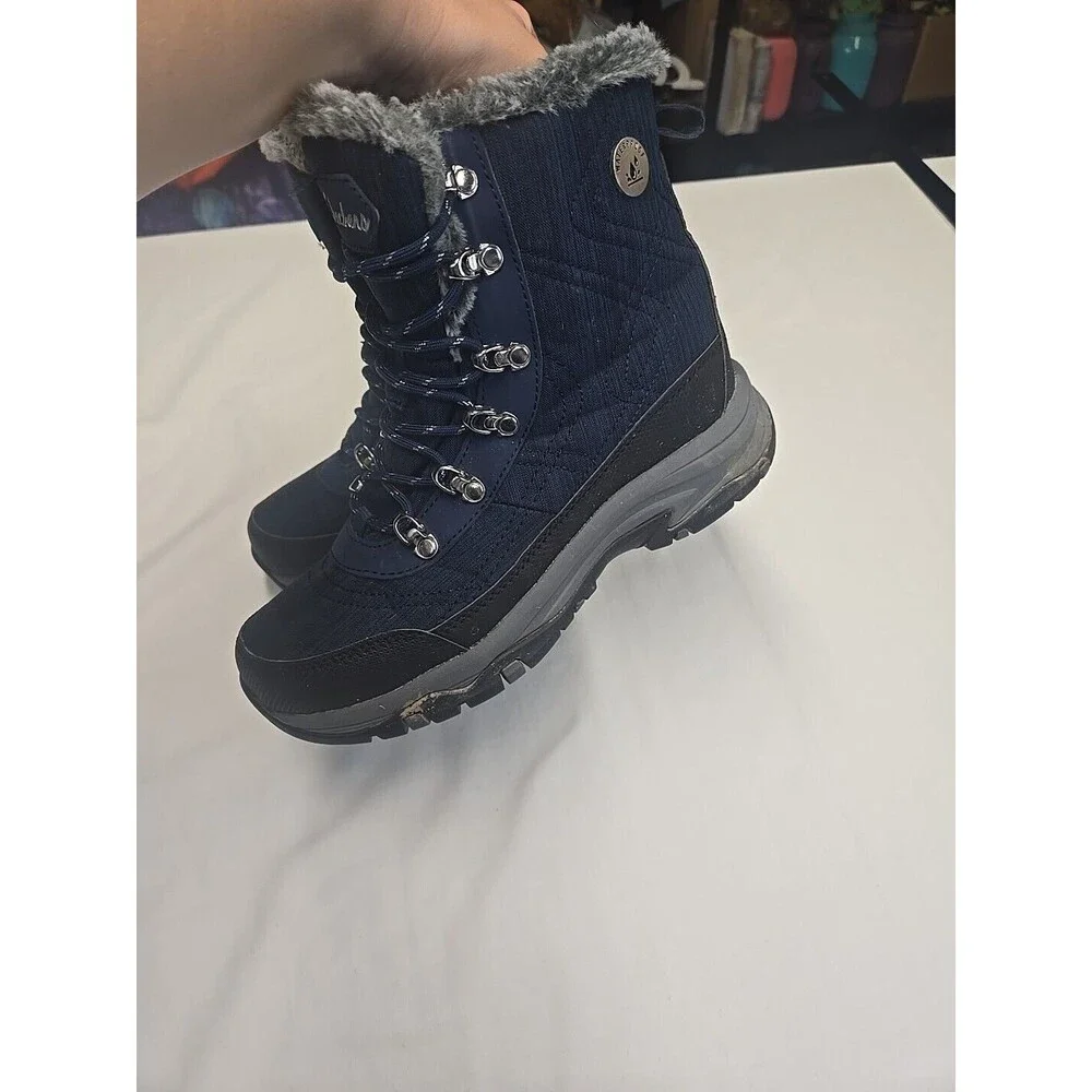 Skechers Women's Boots Size 6.5 Trego Winter Hiking Waterproof‎ Blue Black Fur